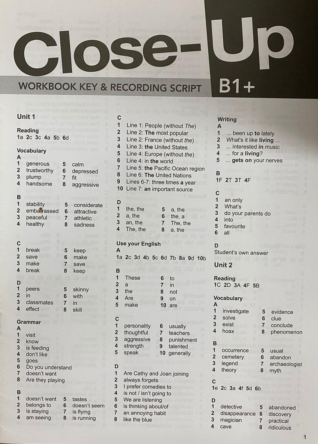 CLOSE-UP B1+ Workbook  Key & Recording Script